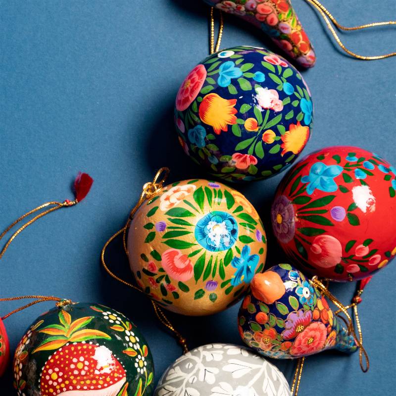 Kashmiri Papier Mache Folk Floral Bauble Set