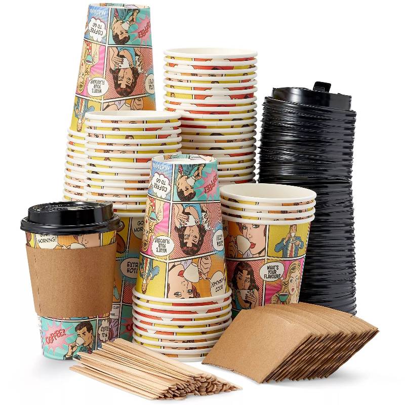 80 Comic Style Coffee Cups with Lids