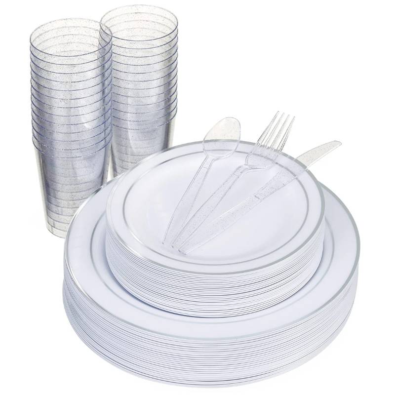 Reusable Plastic Silver Rim Party Set